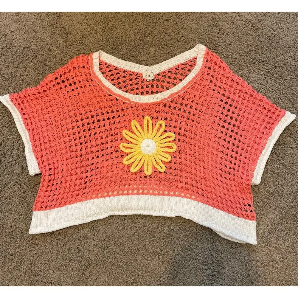 POL Flower Open Knit Crochet Sweater Daisy orange sz S - Picture 11 of 14